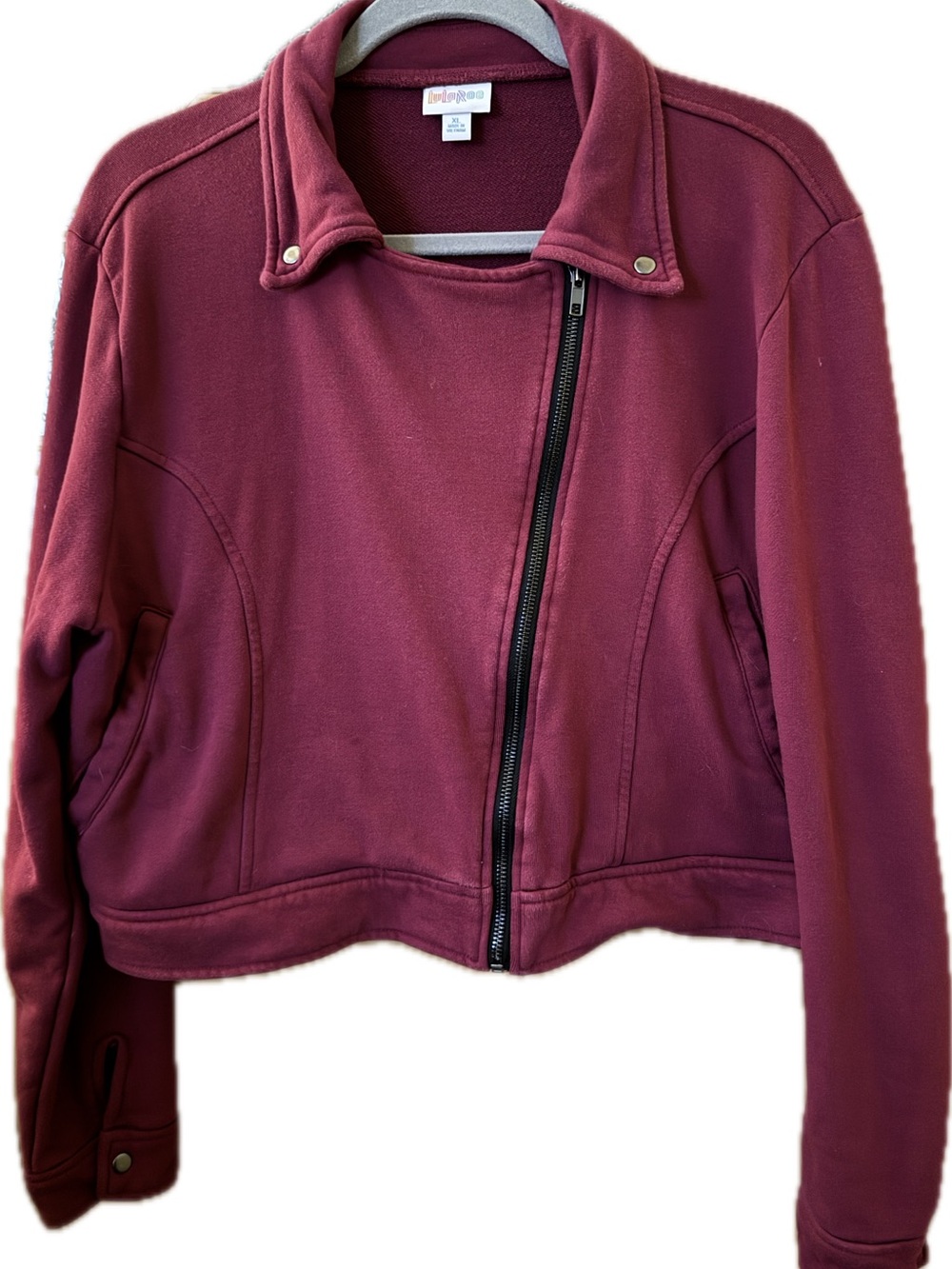 LuLaRoe 100% Cotton Asymmetrical Moto Zip Jacket Berry Plum XL EUC